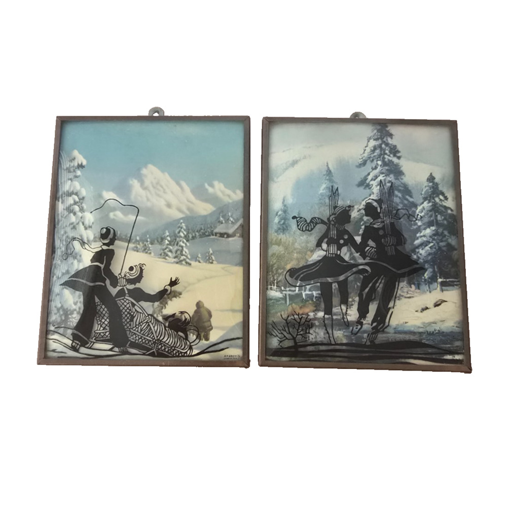Pair 1930's Reverse Painted Silhouette on Convex Glass Winter Scenes